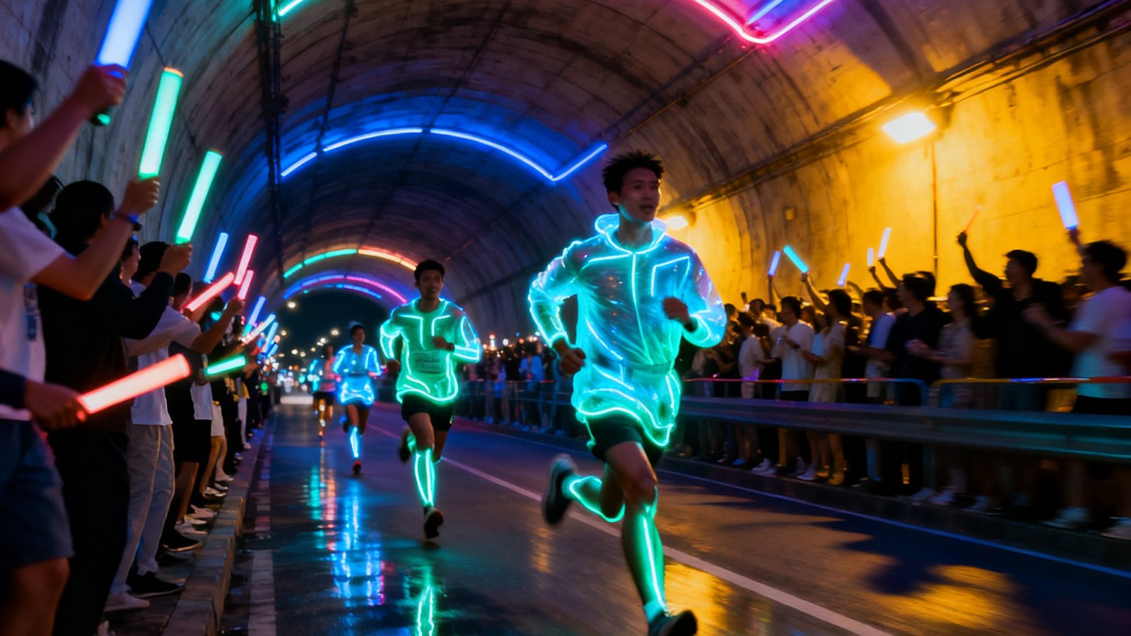 夜间城市荧光跑现场，跑者穿着发光服饰穿过霓虹灯隧道，两侧观众欢呼