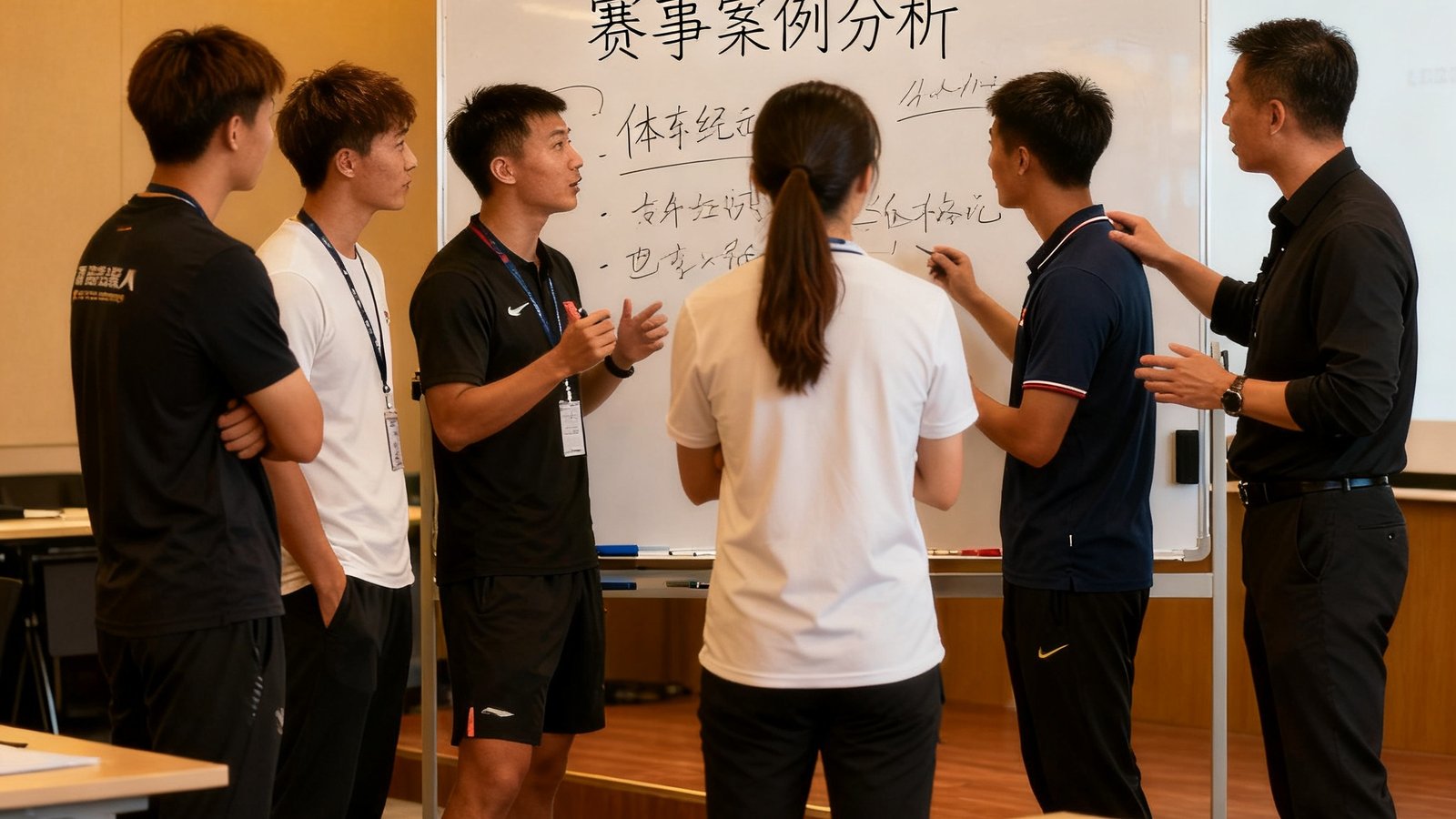 体育经纪人培训课堂，学员六人一组围绕赛事案例白板进行热烈讨论，讲师在一旁指导